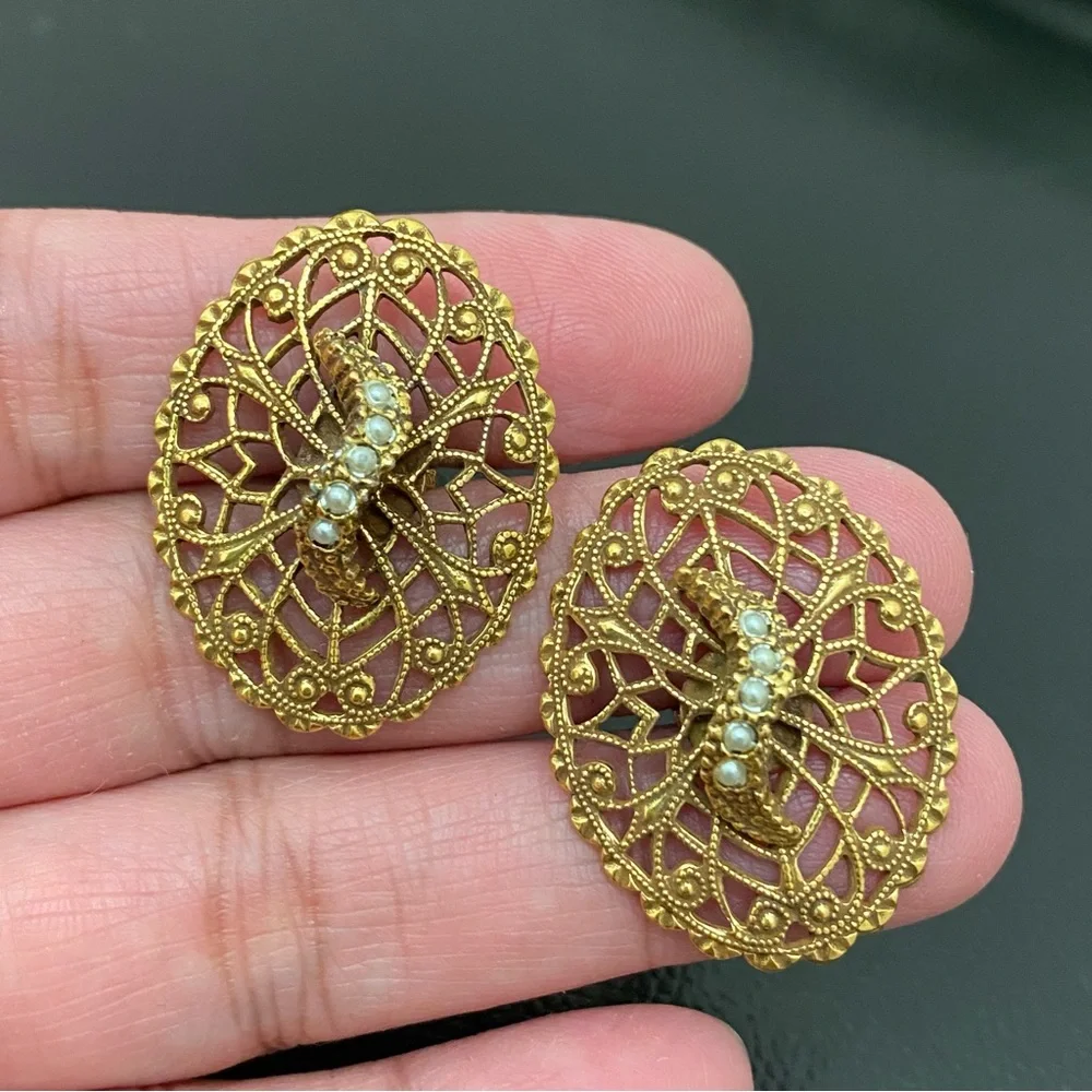 Vintage Unsigned Gold-tone Filigree Micro Pearl Beads Oval Cufflinks